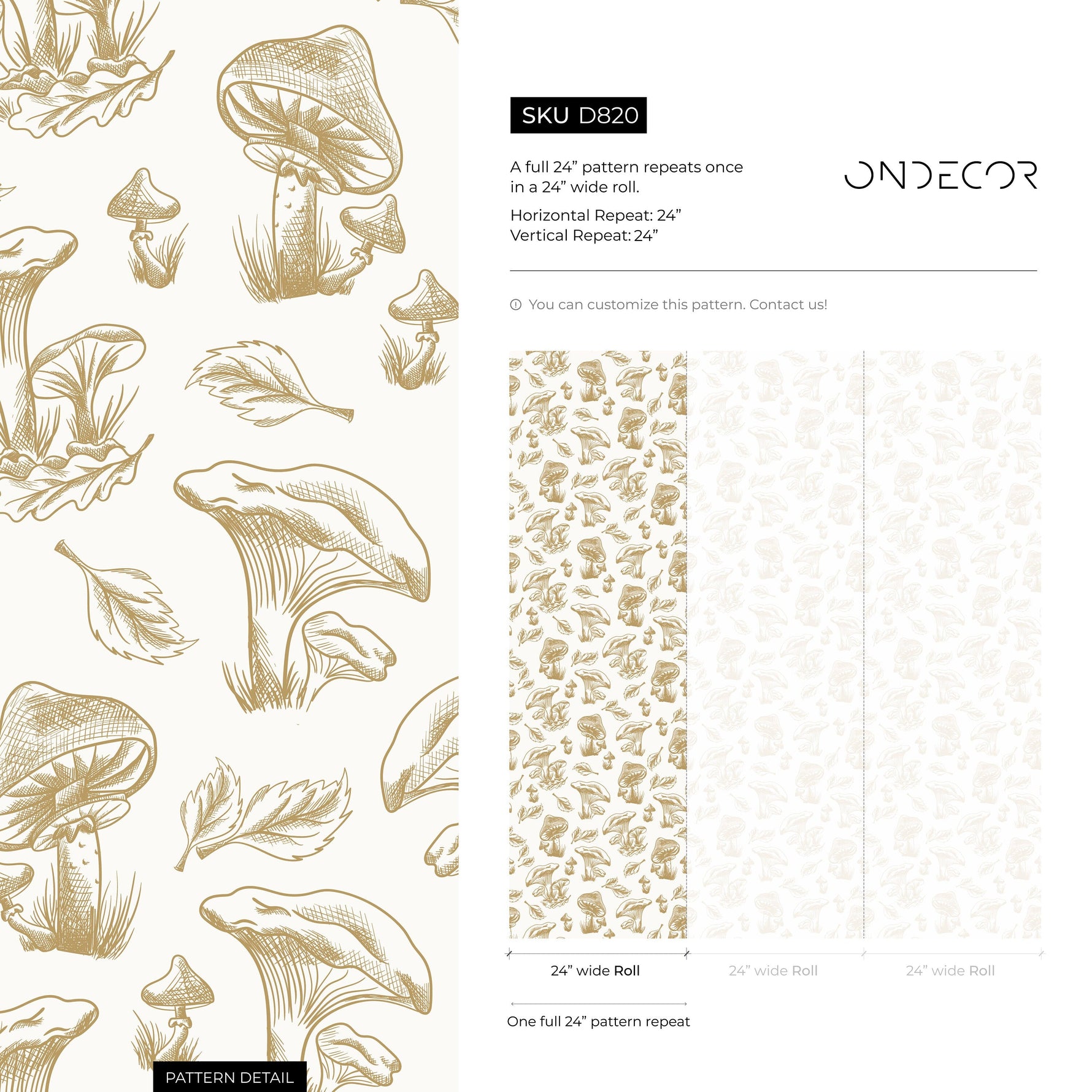 Beige Mushroom Wallpaper Hand drawing Wallpaper Peel and Stick and Traditional Wallpaper - D820