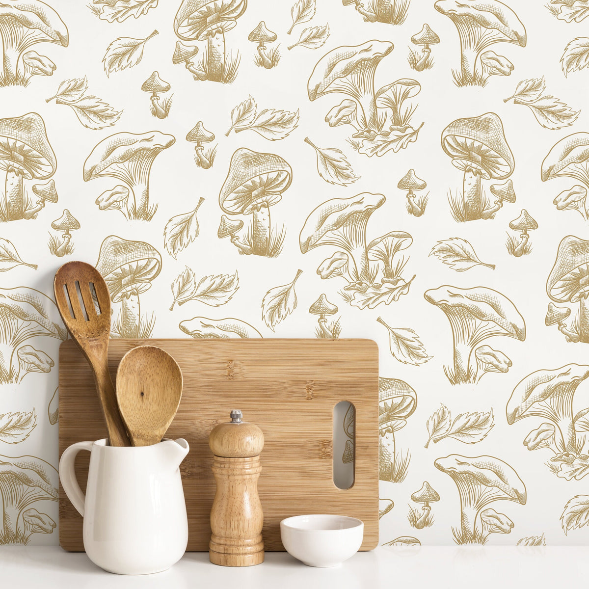 Beige Mushroom Wallpaper Hand drawing Wallpaper Peel and Stick and Traditional Wallpaper - D820