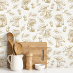 Beige Mushroom Wallpaper Hand drawing Wallpaper Peel and Stick and Traditional Wallpaper - D820