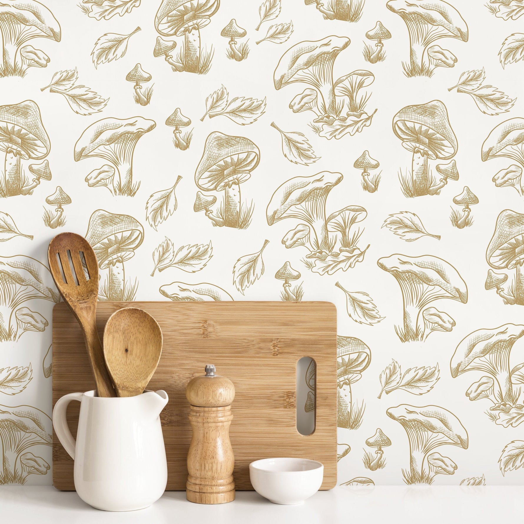 Beige Mushroom Wallpaper Hand drawing Wallpaper Peel and Stick and Traditional Wallpaper - D820