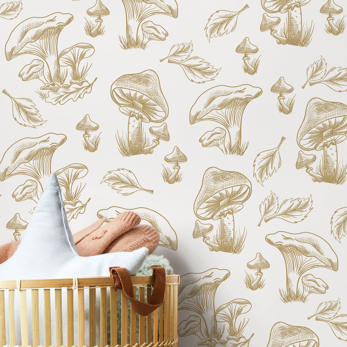Beige Mushroom Wallpaper Hand drawing Wallpaper Peel and Stick and Traditional Wallpaper - D820