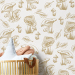 Beige Mushroom Wallpaper Hand drawing Wallpaper Peel and Stick and Traditional Wallpaper - D820