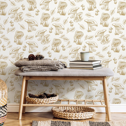 Beige Mushroom Wallpaper Hand drawing Wallpaper Peel and Stick and Traditional Wallpaper - D820