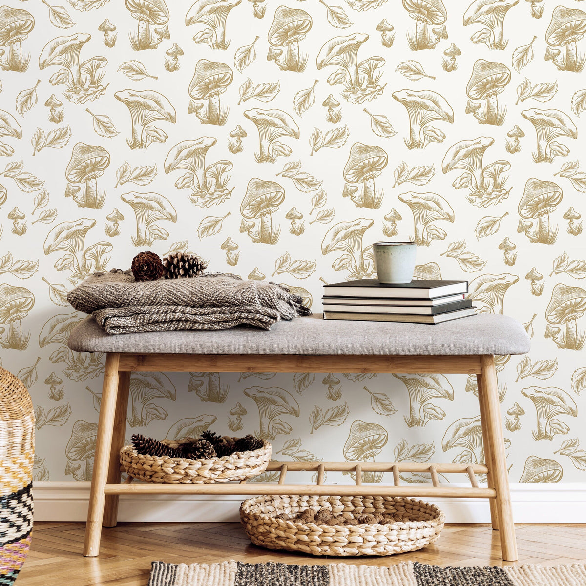 Beige Mushroom Wallpaper Hand drawing Wallpaper Peel and Stick and Traditional Wallpaper - D820