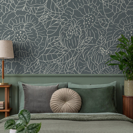 Dark Floral and Leaf Wallpaper / Peel and Stick Wallpaper Removable Wallpaper Home Decor Wall Art Wall Decor Room Decor - C954