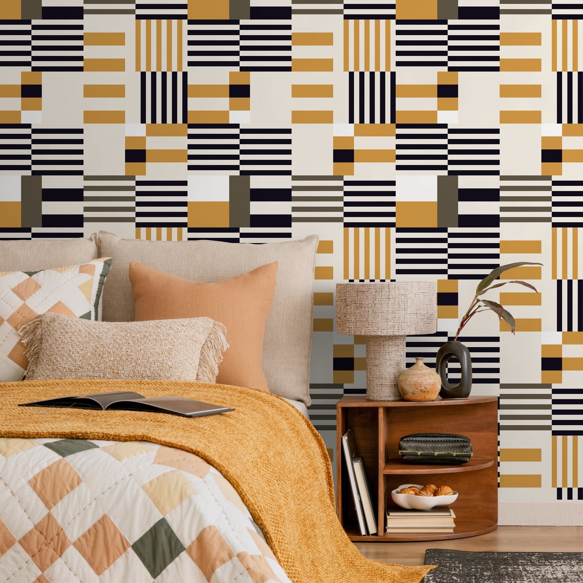 Geometric Wallpaper Modern Black and Yellow Wallpaper Peel and Stick and Traditional Wallpaper - D847