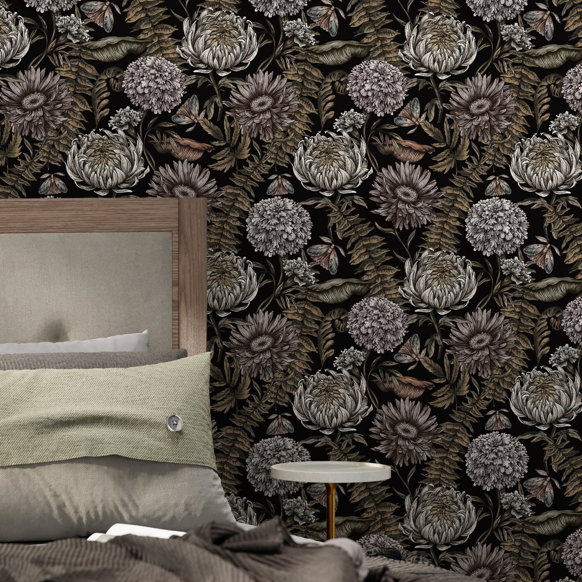 Dark Floral Wallpaper Peonny and Butterflies Wallpaper Peel and Stick and Traditional Wallpaper - D823