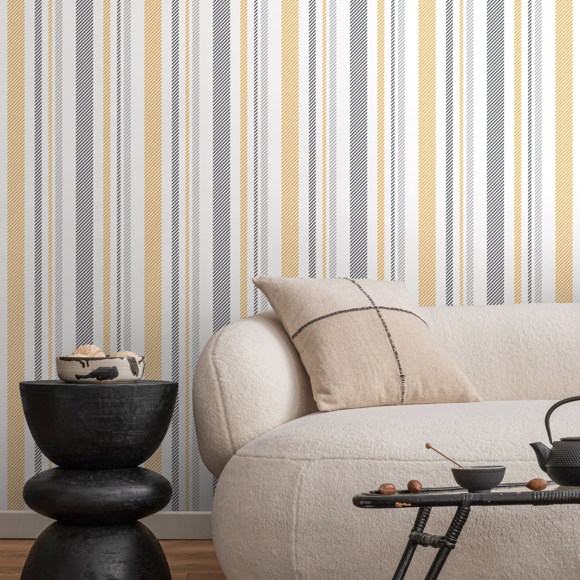 Yellow and Grey Wallpaper Striped Wallpaper Peel and Stick and Traditional Wallpaper - D843