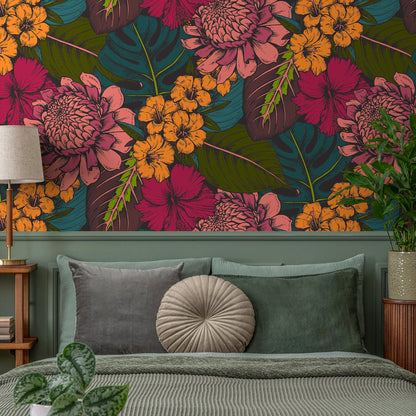 Flat Colorful Leaves Wallpaper - Removable Wallpaper Peel and Stick Wallpaper Wall Paper Wall Mural - B391