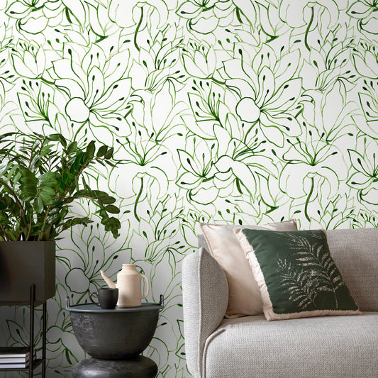Green Floral Garden Wallpaper / Peel and Stick Wallpaper Removable Wallpaper Home Decor Wall Art Wall Decor Room Decor - C852