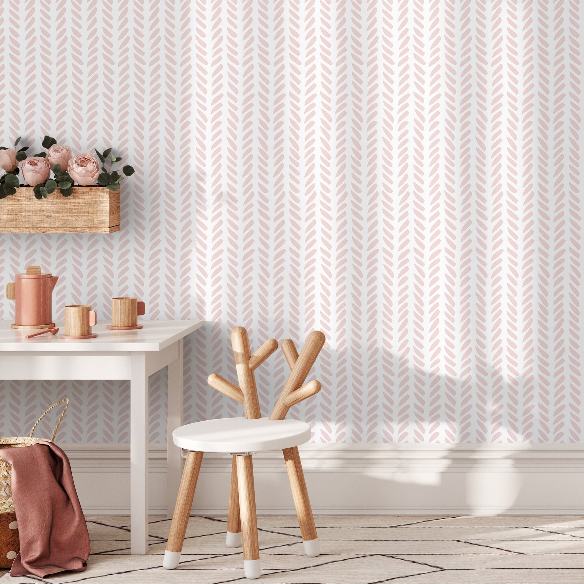 Boho Herringbone in Soft Pink Wallpaper Removable and Repositionable Peel and Stick or Traditional Pre-pasted Wallpaper - ZADB