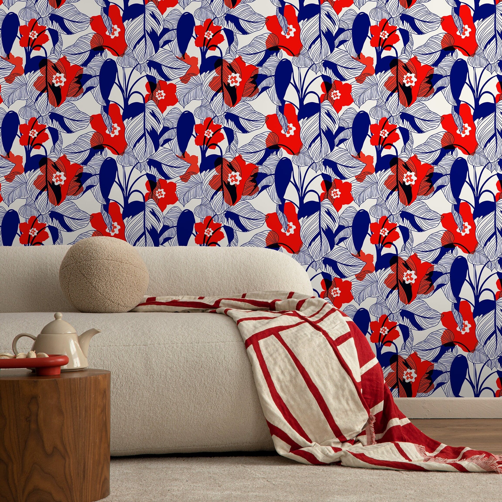 Floral Garden Wallpaper Blue and Red Wallpaper Peel and Stick and Traditional Wallpaper - CC - A791