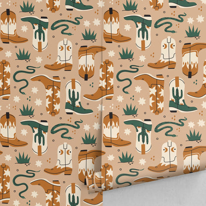 Beige Cowboys Boots and Snakes Wallpaper / Peel and Stick Wallpaper Removable Wallpaper Home Decor Wall Art Wall Decor Room Decor - C704