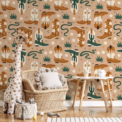 Beige Cowboys Boots and Snakes Wallpaper / Peel and Stick Wallpaper Removable Wallpaper Home Decor Wall Art Wall Decor Room Decor - C704