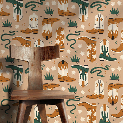 Beige Cowboys Boots and Snakes Wallpaper / Peel and Stick Wallpaper Removable Wallpaper Home Decor Wall Art Wall Decor Room Decor - C704