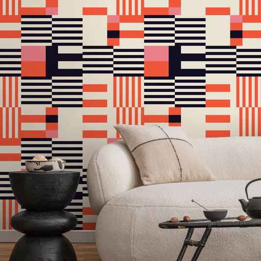 Geometric Wallpaper Modern Black and Orange Wallpaper Peel and Stick and Traditional Wallpaper - D848