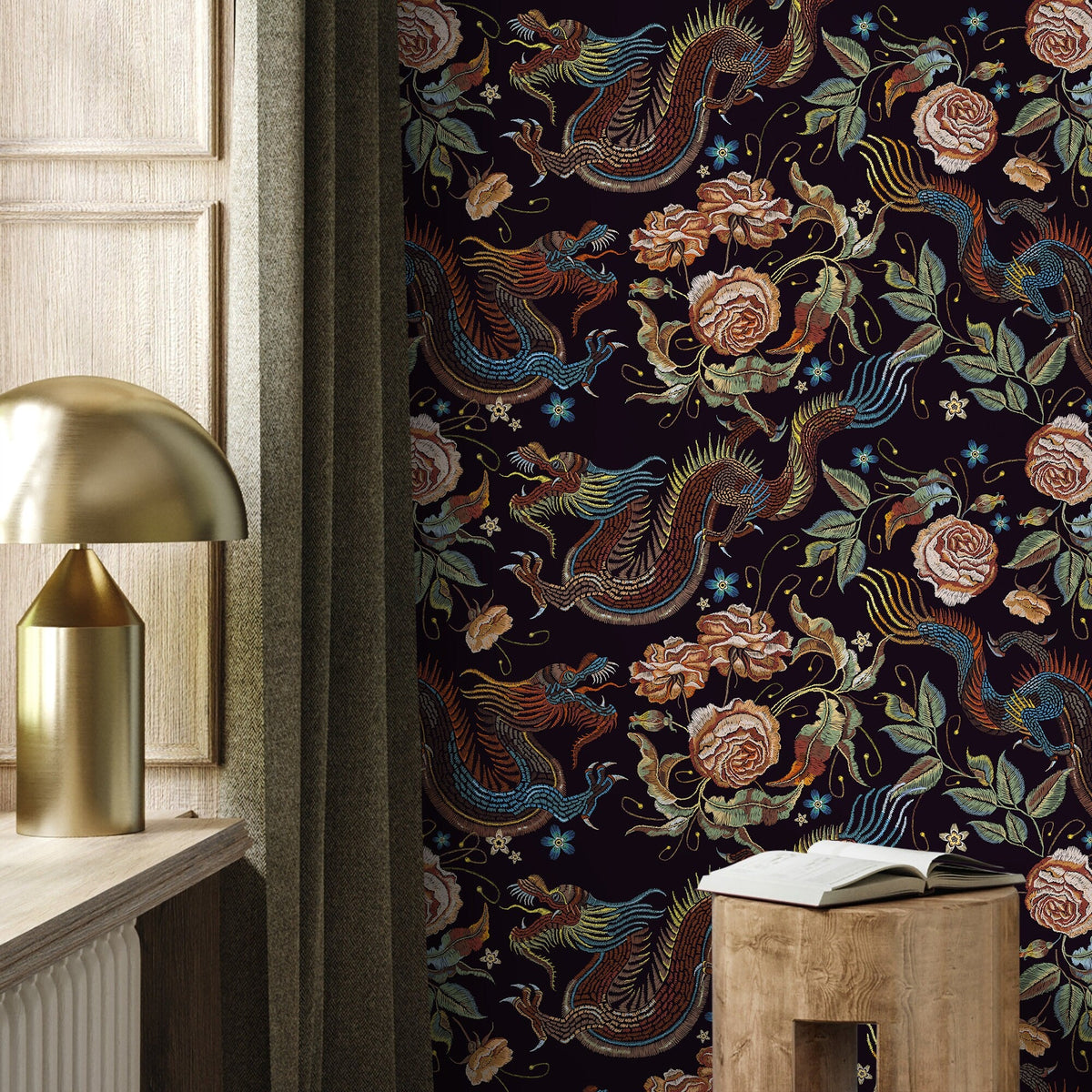 Dark Chinoiserie Wallpaper Dragon and Roses Wallpaper Peel and Stick and Traditional Wallpaper - D879