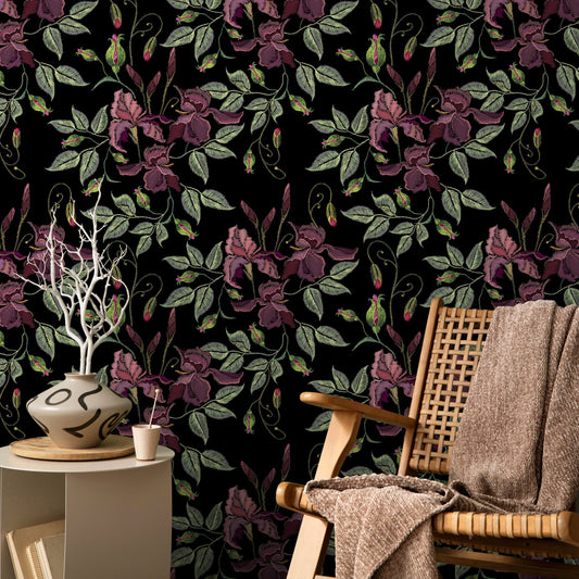 Dark Floral Wallpaper Vintage Garden Wallpaper Peel and Stick and Traditional Wallpaper - D868