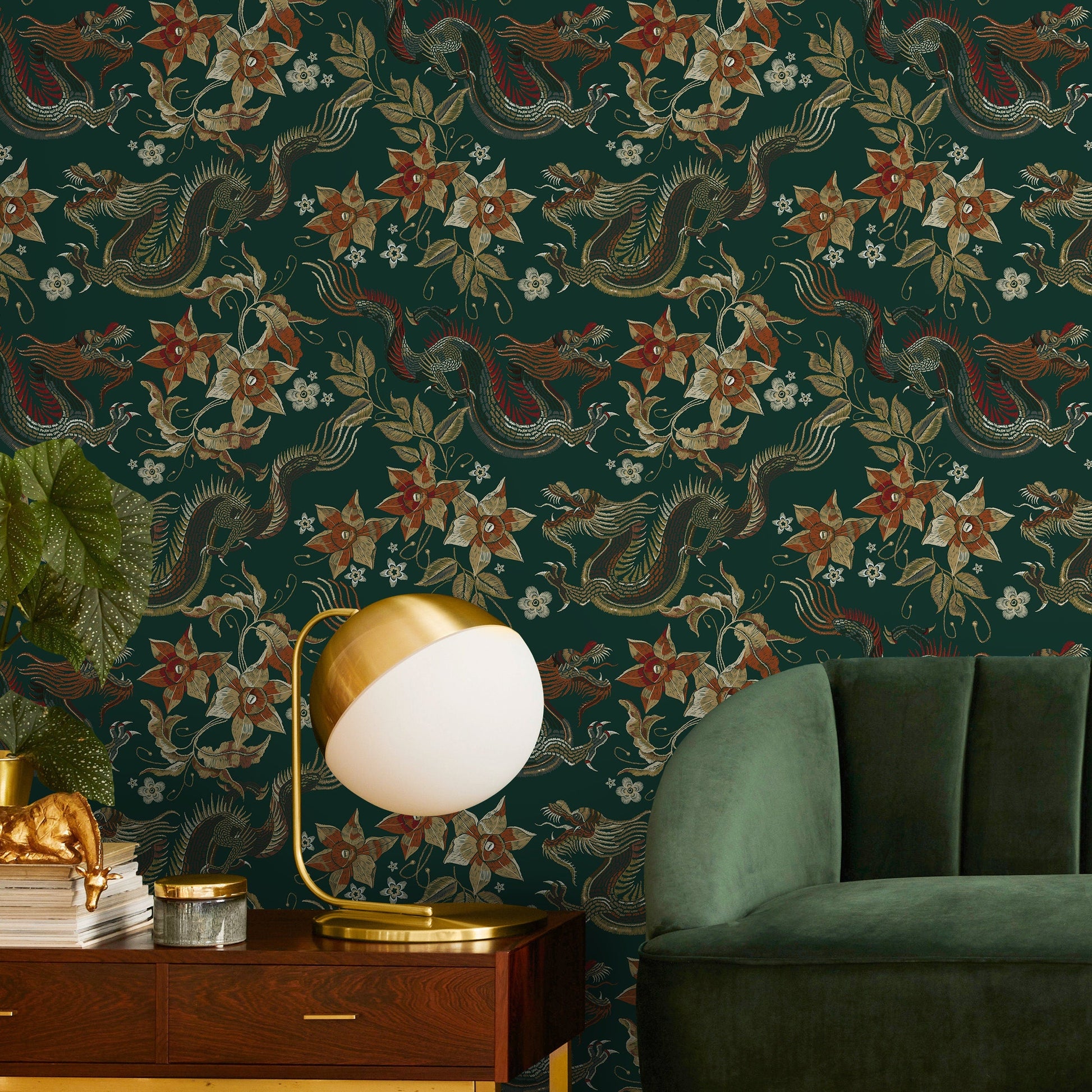 Chinoiserie Wallpaper Floral Dark Green Wallpaper Peel and Stick and Traditional Wallpaper - D873