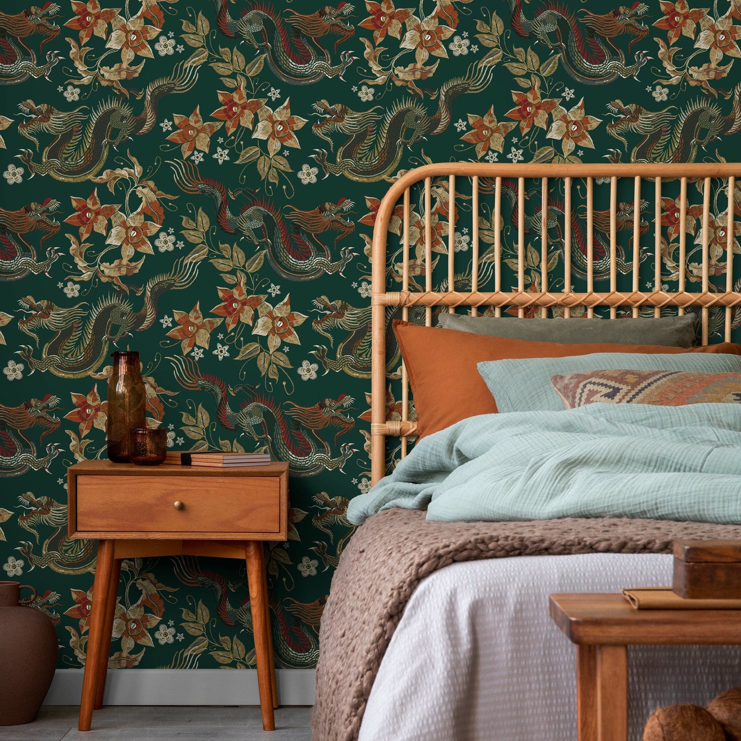 Chinoiserie Wallpaper Floral Dark Green Wallpaper Peel and Stick and Traditional Wallpaper - D873