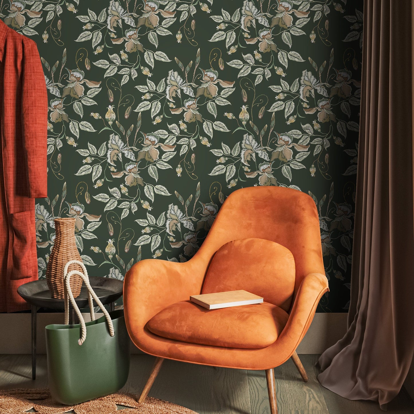 Green Floral Wallpaper Vintage Garden Wallpaper Peel and Stick and Traditional Wallpaper - D869