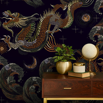 Dark Chinoiserie Wallpaper Vintage Dragon Wallpaper Peel and Stick and Traditional Wallpaper - D877