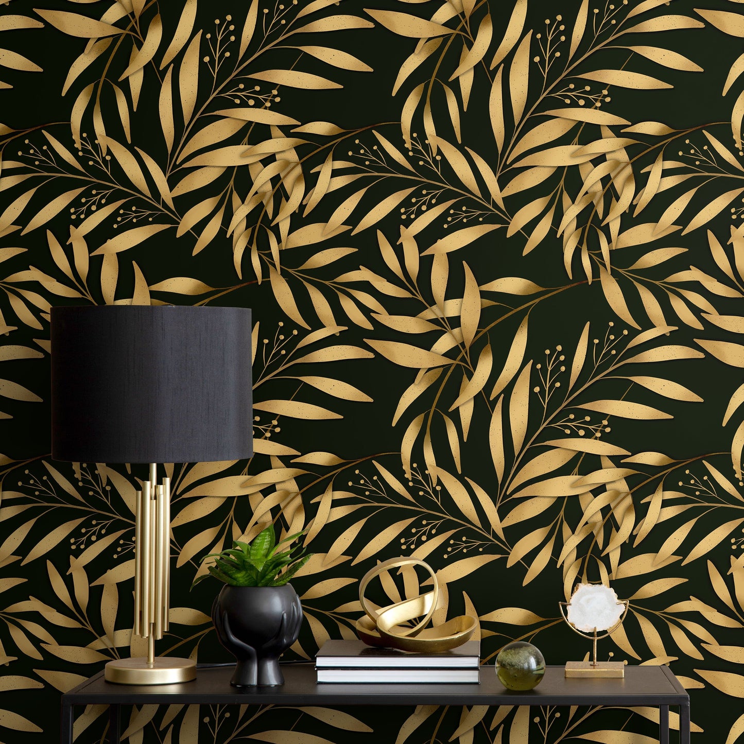 Golden Leaves Wallpaper Removable Wallpaper Peel and Stick Traditional Wallpaper Botanical Wallpaper Home Decor Printable Wall Art - X127