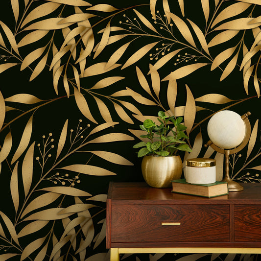 Golden Leaves Wallpaper Removable Wallpaper Peel and Stick Traditional Wallpaper Botanical Wallpaper Home Decor Printable Wall Art - X127