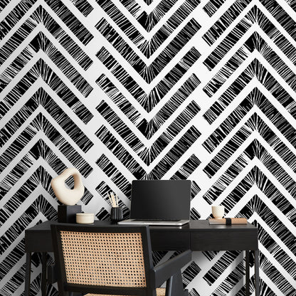 Wallpaper Peel and Stick Wallpaper Removable Wallpaper Home Decor Wall Art Wall Decor Room Decor / Back and White Chevron Wallpaper - C514