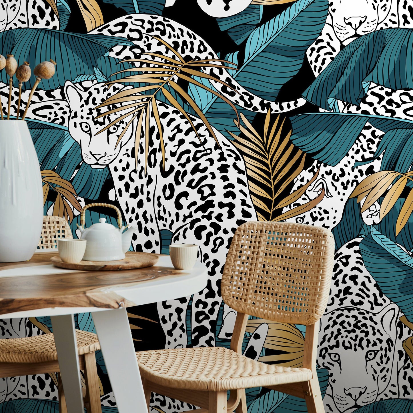 Leopard and Tropical Jungle Wallpaper Peel and Stick and Traditional Wallpaper - B537