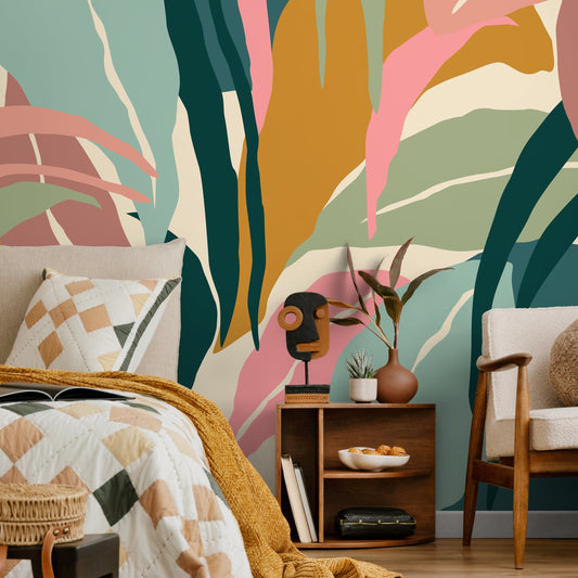 Colorful Tropical Leaves Mural Wallpaper Peel and Stick and Traditional Wallpaper - B634
