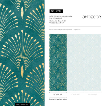 Gold and Teal Art Deco Palms Wallpaper Peel and Stick and Traditional Wallpaper Non-Metallic Wallpaper - C011