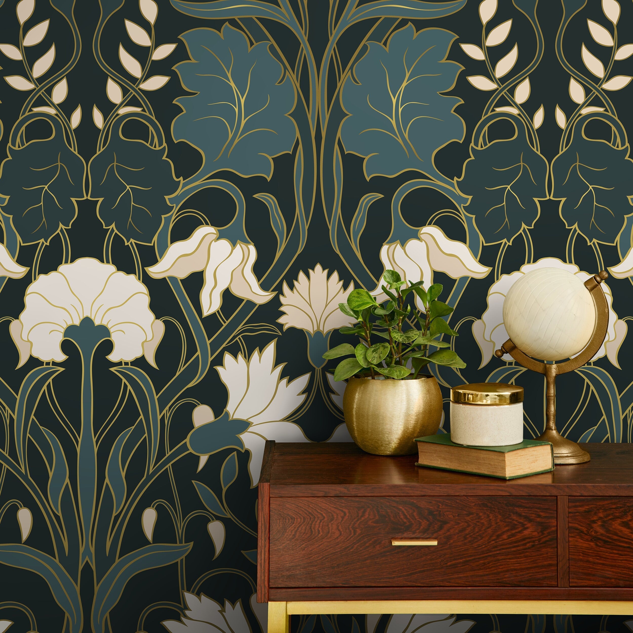 Green Floral Art Nouveau Wallpaper Peel and Stick and Traditional Wall