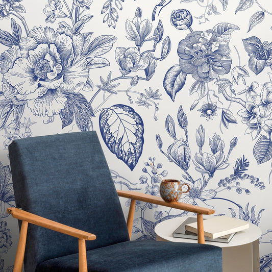Blue Vintage Floral Wallpaper Peel and Stick and Traditional Wallpaper - C359