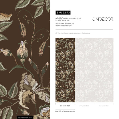 Brown Floral Wallpaper Vintage Garden Wallpaper Peel and Stick and Traditional Wallpaper - D870