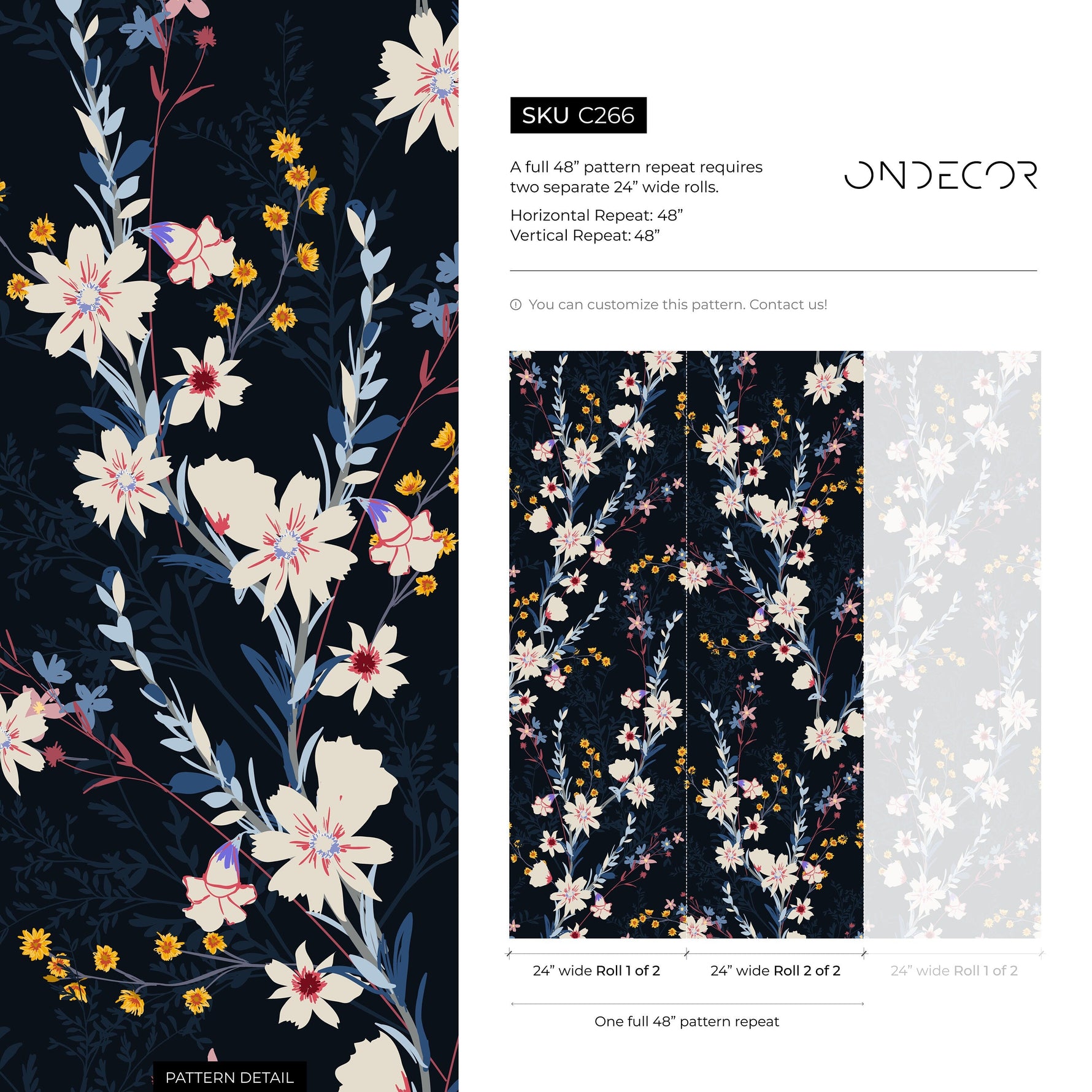 Wallpaper Peel and Stick Wallpaper Removable Wallpaper Home Decor Wall Art Wall Decor Room Decor / Dark Floral Blue Wallpaper - C266