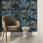 Blue Chinoiserie Wallpaper Vintage Dragon Wallpaper Peel and Stick and Traditional Wallpaper - D876