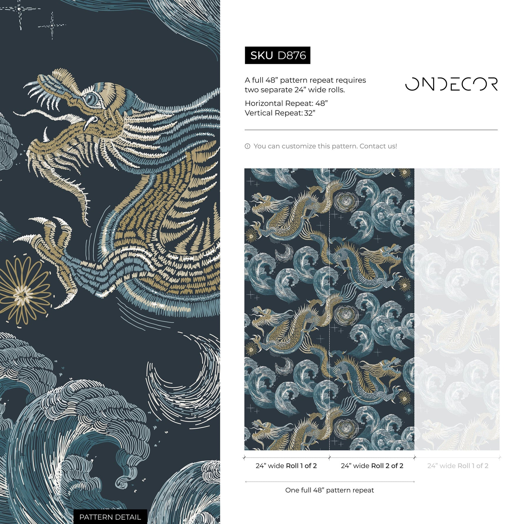 Blue Chinoiserie Wallpaper Vintage Dragon Wallpaper Peel and Stick and Traditional Wallpaper - D876