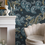 Blue Chinoiserie Wallpaper Vintage Dragon Wallpaper Peel and Stick and Traditional Wallpaper - D876
