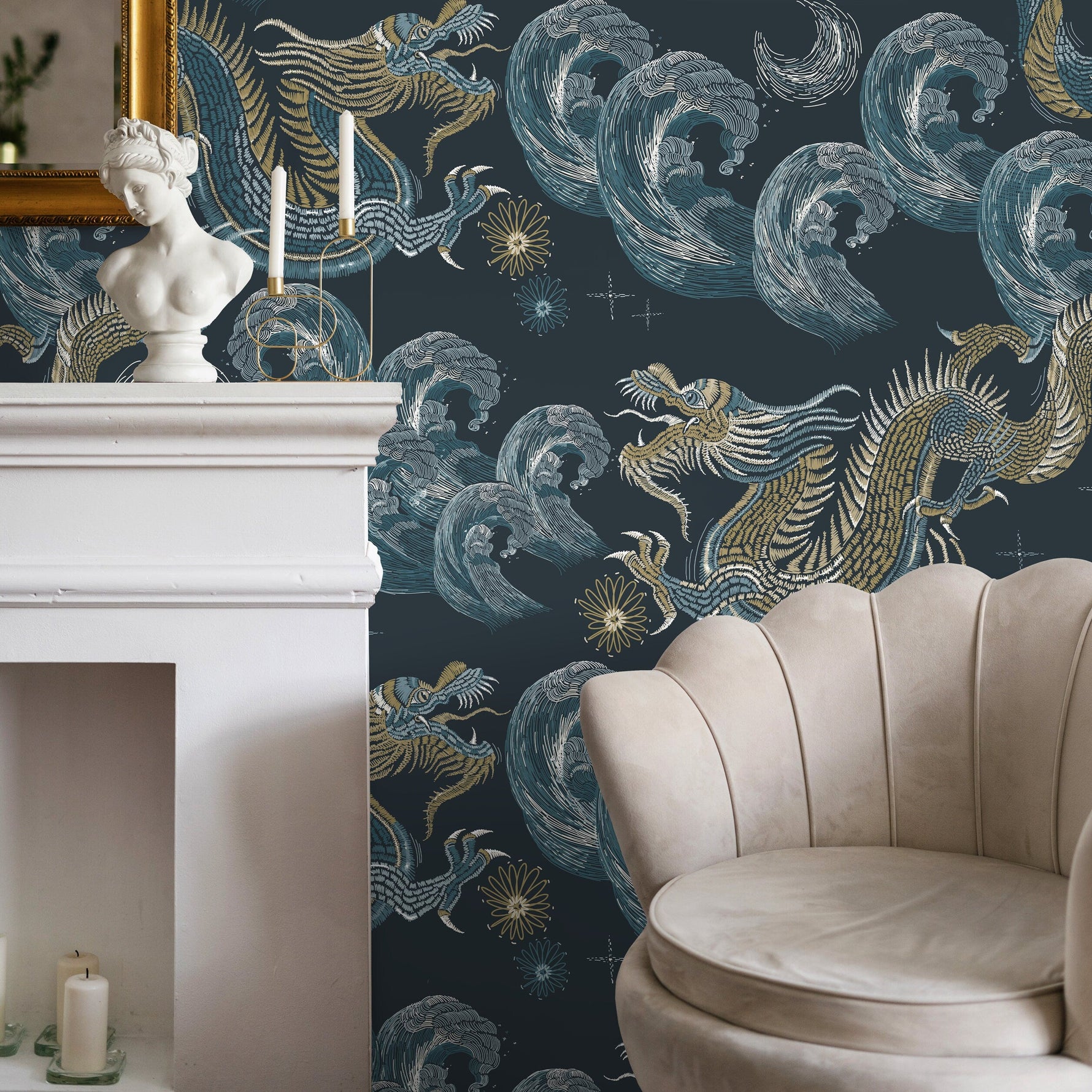 Blue Chinoiserie Wallpaper Vintage Dragon Wallpaper Peel and Stick and Traditional Wallpaper - D876