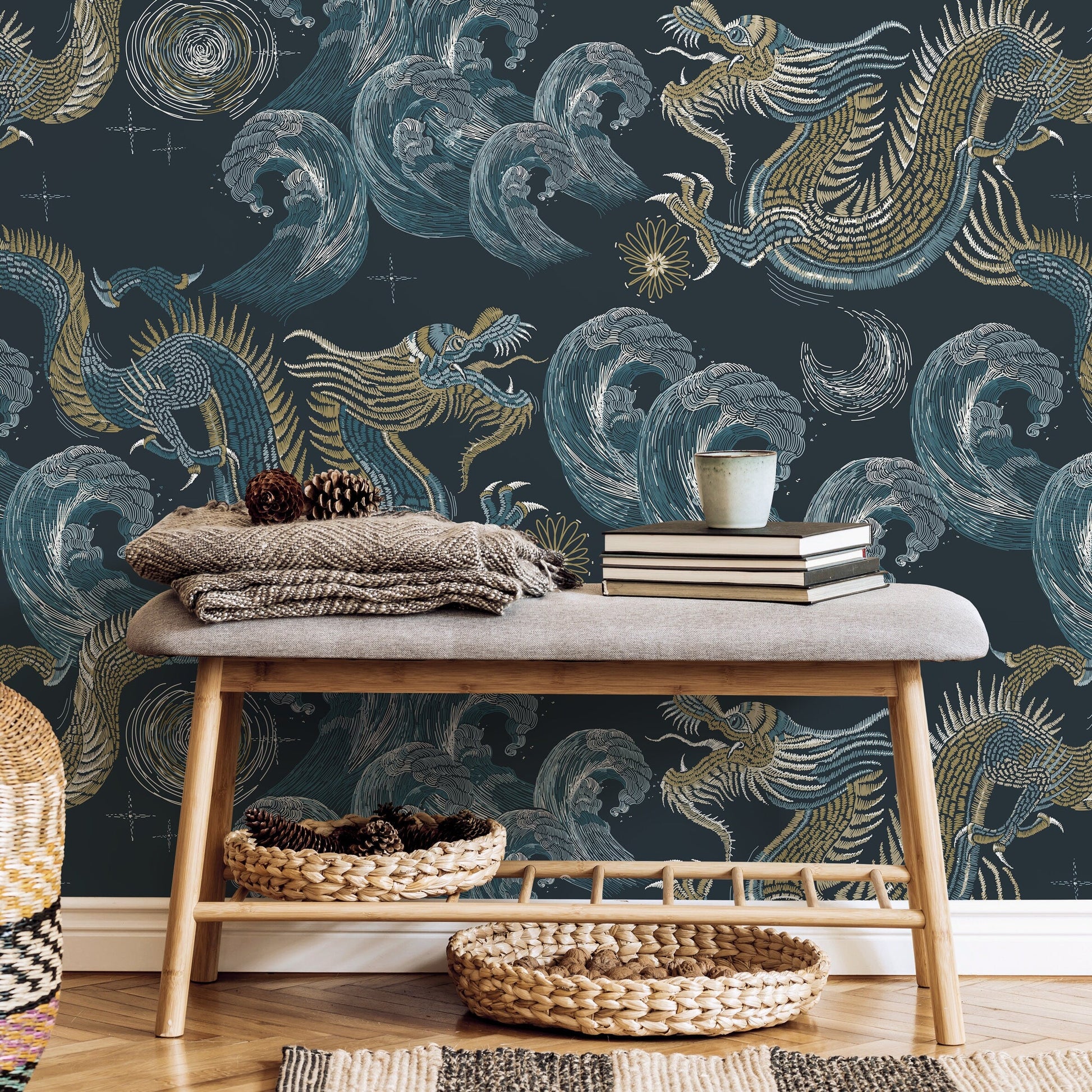Blue Chinoiserie Wallpaper Vintage Dragon Wallpaper Peel and Stick and Traditional Wallpaper - D876