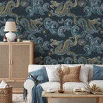 Blue Chinoiserie Wallpaper Vintage Dragon Wallpaper Peel and Stick and Traditional Wallpaper - D876