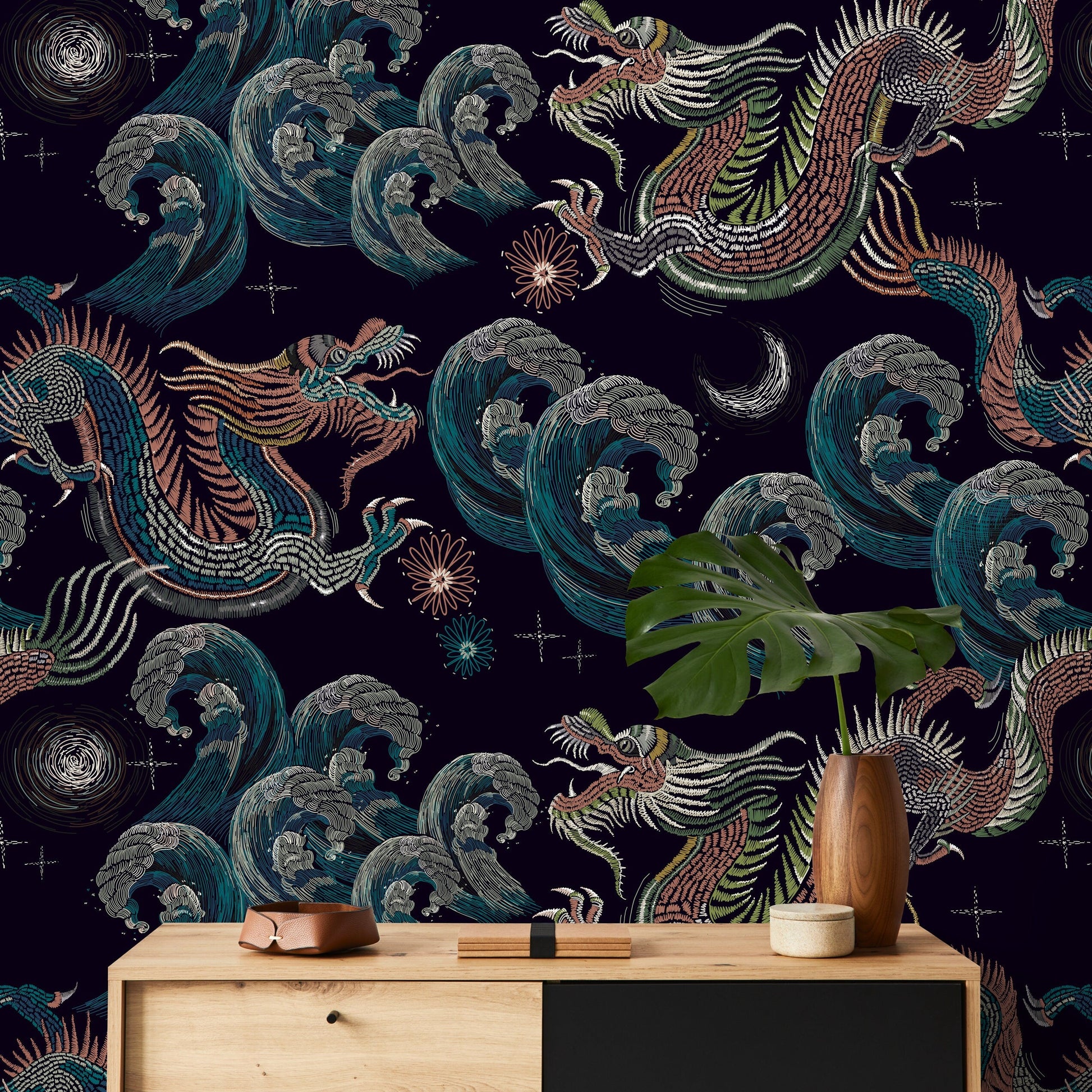 Celestial Chinoiserie Wallpaper Vintage Dragon Wallpaper Peel and Stick and Traditional Wallpaper - D878