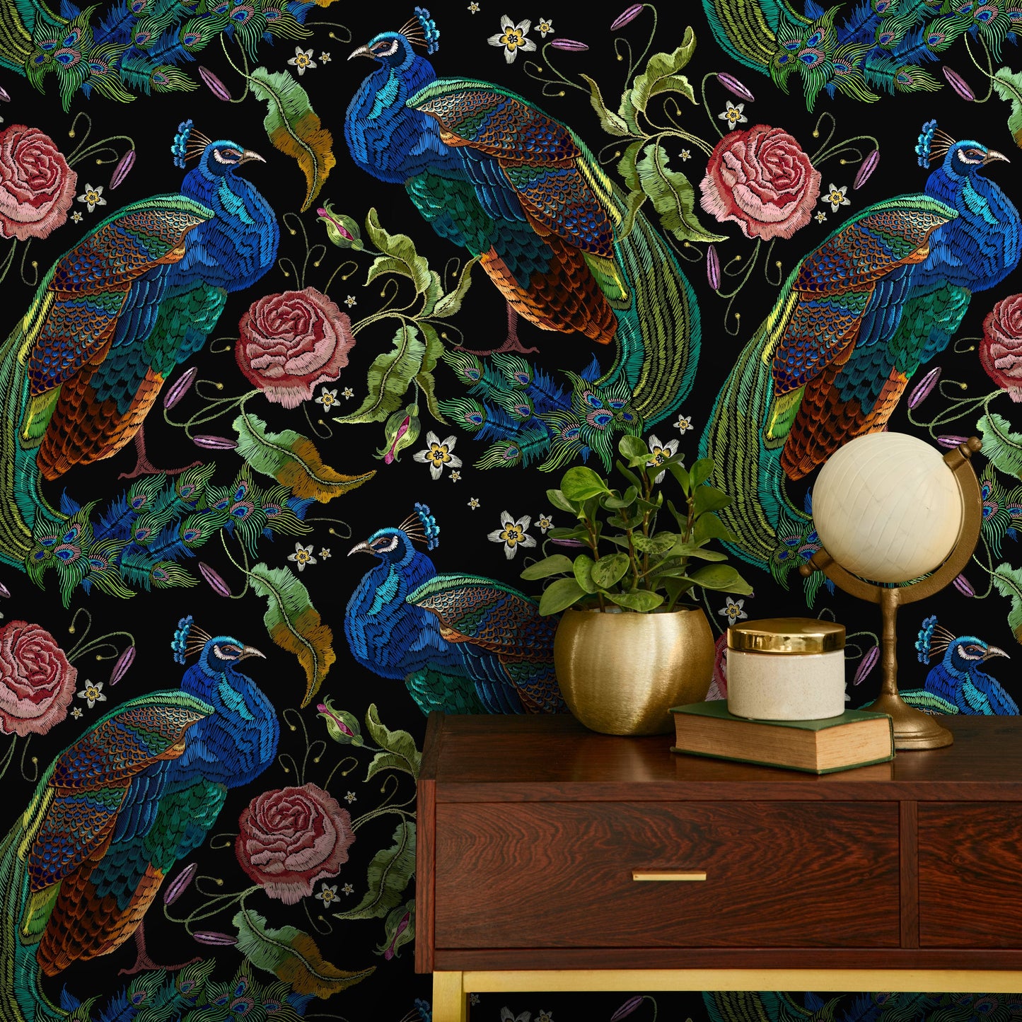 Peacock Wallpaper Dark Floral Wallpaper Peel and Stick and Traditional Wallpaper - D882