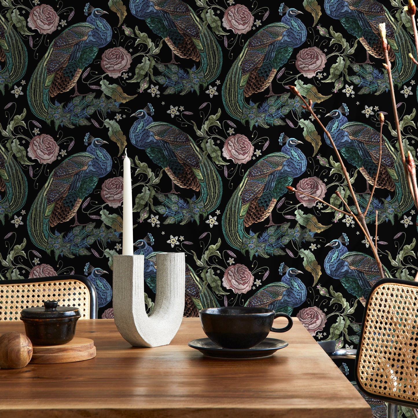 Dark Floral Wallpaper Peacock Wallpaper Peel and Stick and Traditional Wallpaper - D884