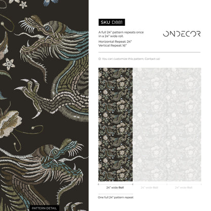 Dragon and Roses Wallpaper Chinoiserie Wallpaper Peel and Stick and Traditional Wallpaper - D881