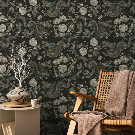 Dragon and Roses Wallpaper Chinoiserie Wallpaper Peel and Stick and Traditional Wallpaper - D881