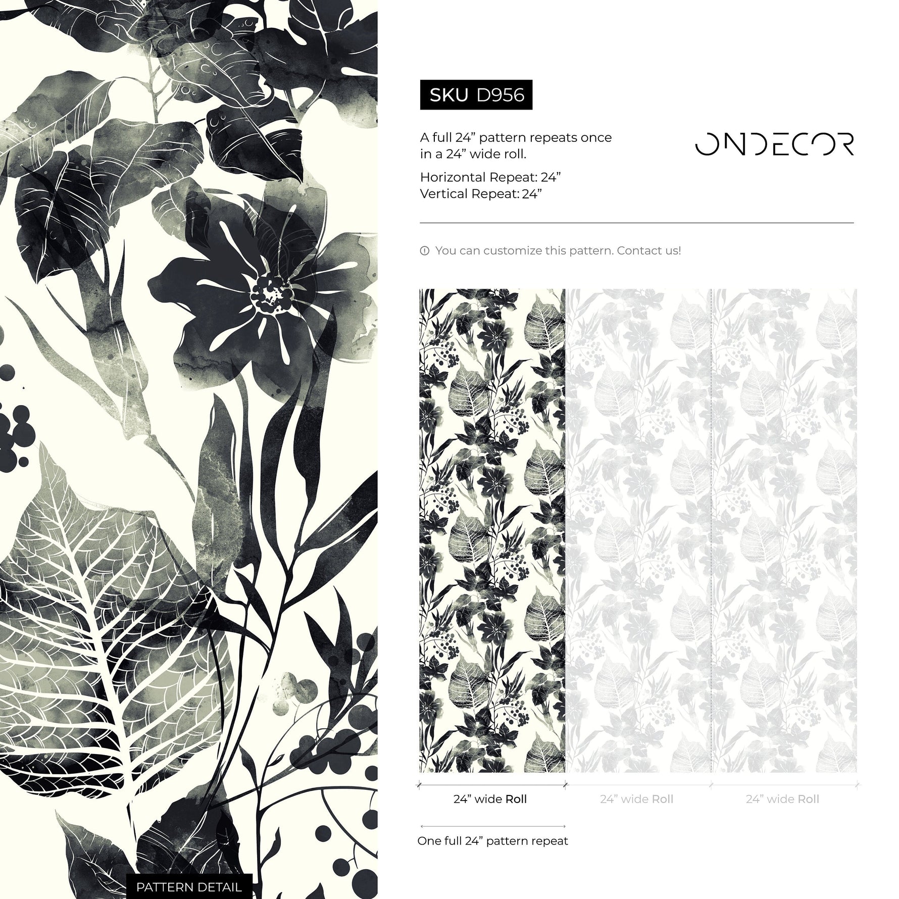 Watercolor Flowers Black and White Wallpaper, Self-adhesive Removable Wallpaper, Peel and Stick Fabric Wallpaper, Wallpaper - B040