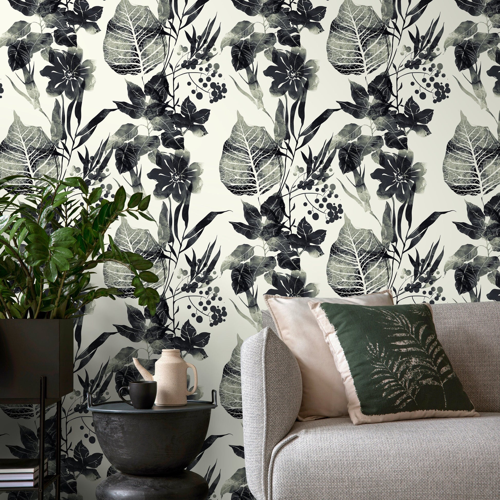 Watercolor Flowers Black and White Wallpaper, Self-adhesive Removable Wallpaper, Peel and Stick Fabric Wallpaper, Wallpaper - B040