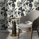 Watercolor Flowers Black and White Wallpaper, Self-adhesive Removable Wallpaper, Peel and Stick Fabric Wallpaper, Wallpaper - B040